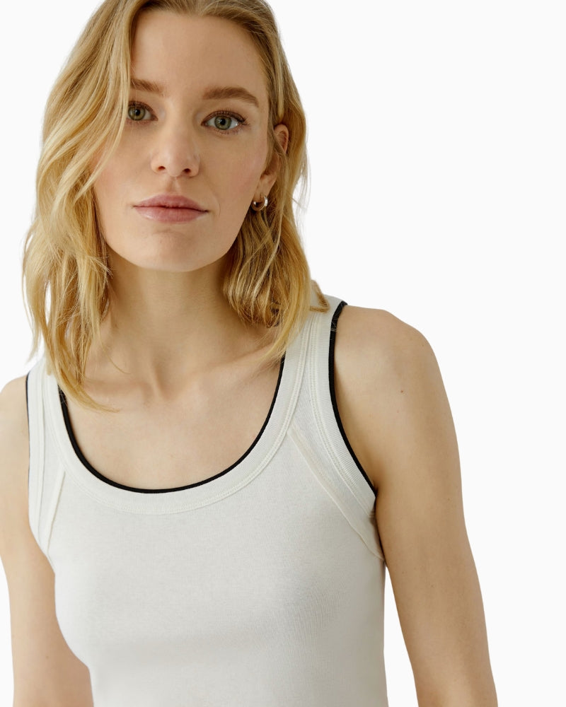 Oui Tank Top in White Black deep round neckline detail