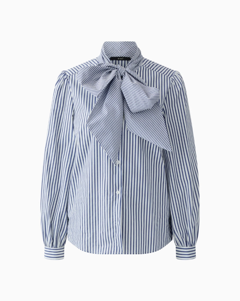 Oui Tie Neck Blouse in Blue fabric detail