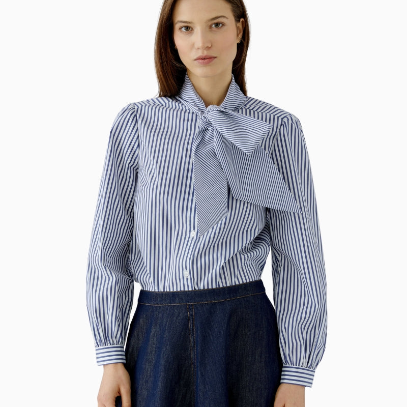 Oui Tie Neck Blouse in Blue front view
