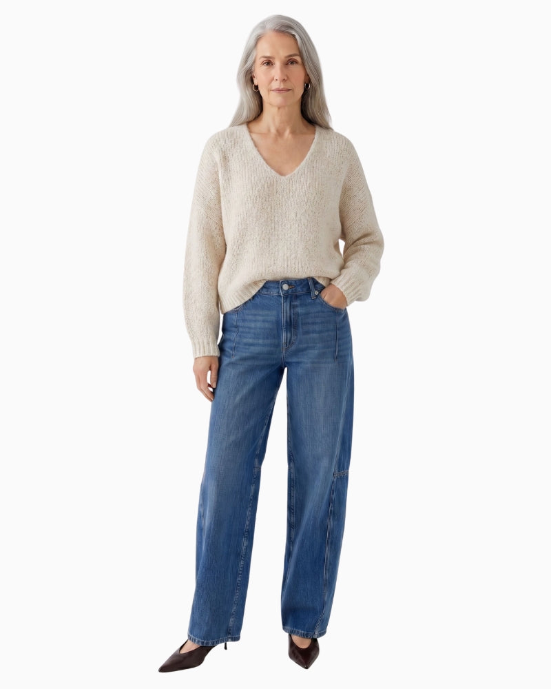 Oui V-Neck Jumper in Light Beige styled view