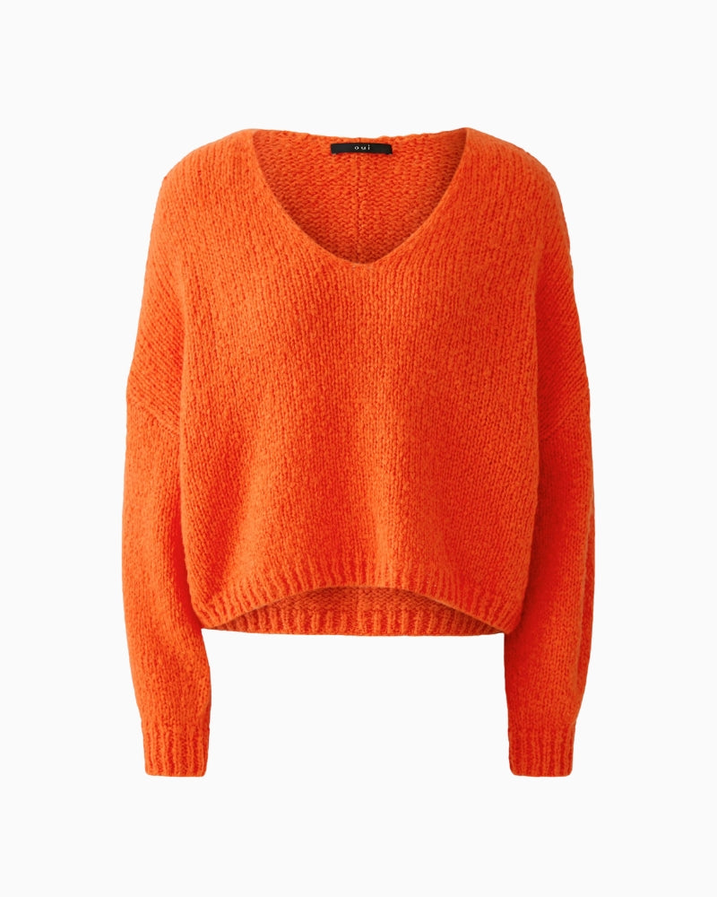 Oui V-Neck Jumper in Orange knit texture detail