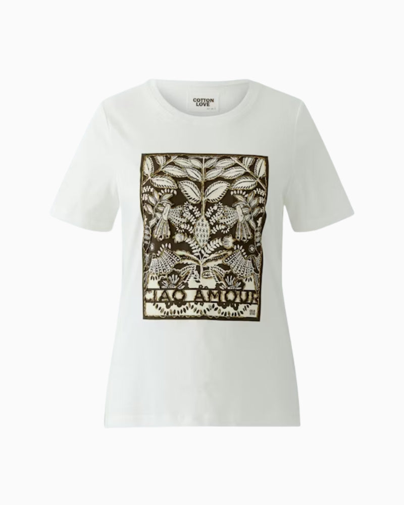 Oui beaded organic cotton T-shirt off white flat lay front view ethnic print