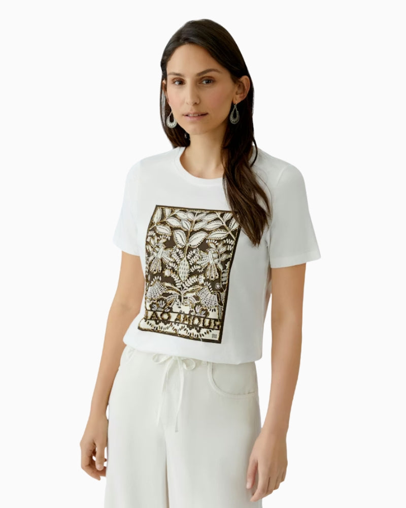 Oui beaded organic cotton T-shirt off white front view