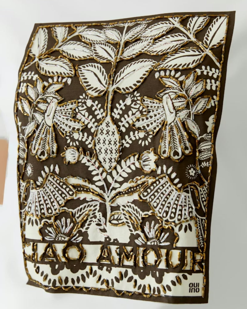 Oui beaded organic cotton T-shirt off white front view ethnic print