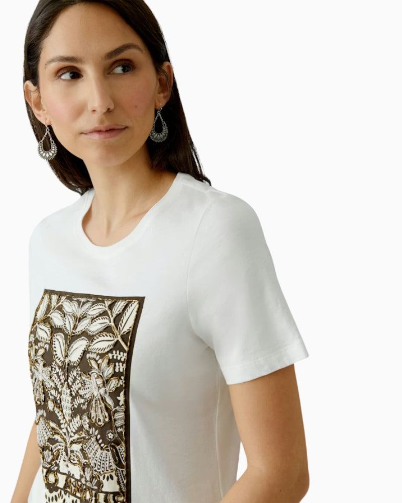Oui beaded organic cotton T-shirt off white side view short sleeves