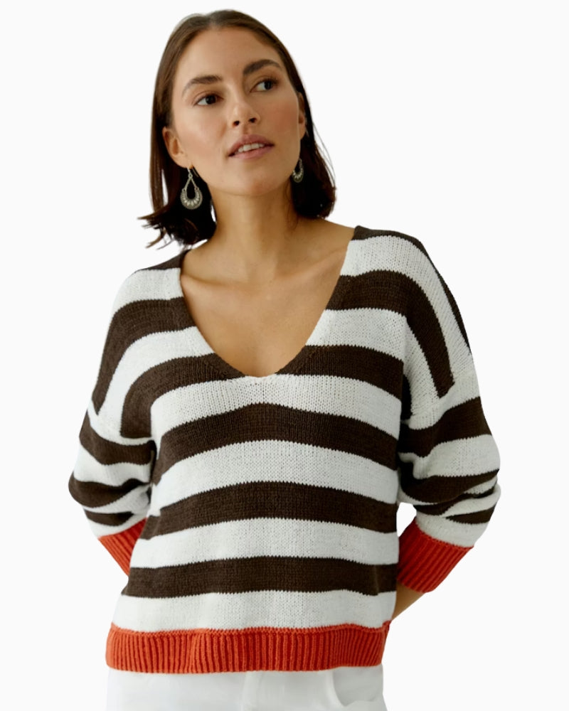 Oui oversized stripe pullover white brown front view deep V-neck