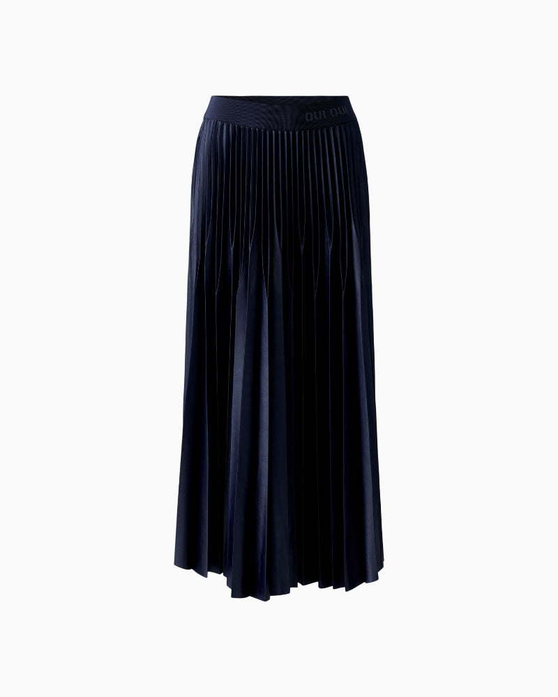 Full-length view of glossy pleated skirt