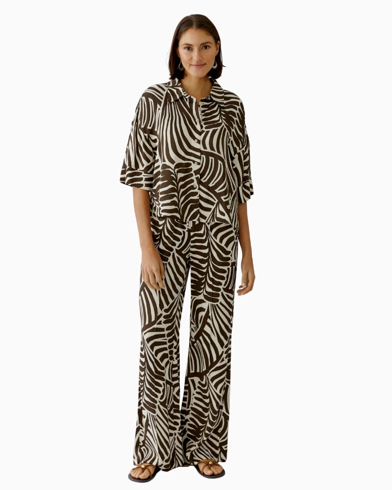 Oui printed viscose blouse dark brown off-white full outfit with matching trousers