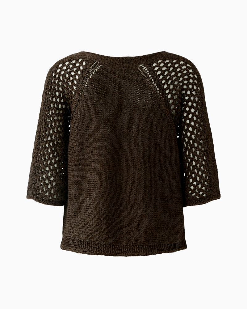 Oui ribbon yarn raglan pullover brown demitasse back view