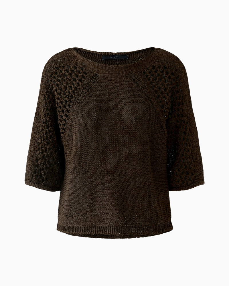 Oui ribbon yarn raglan pullover brown demitasse front view