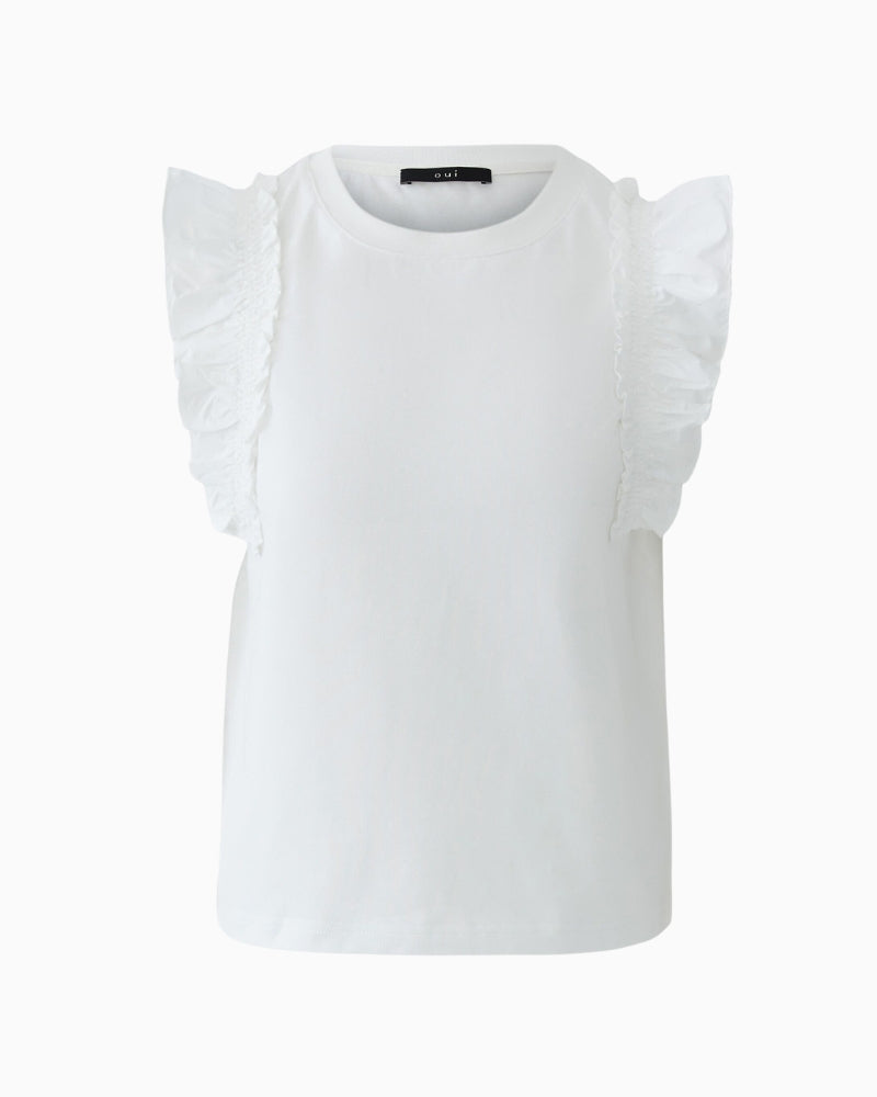 Oui ruffle sleeve cotton T-shirt optic white front product view