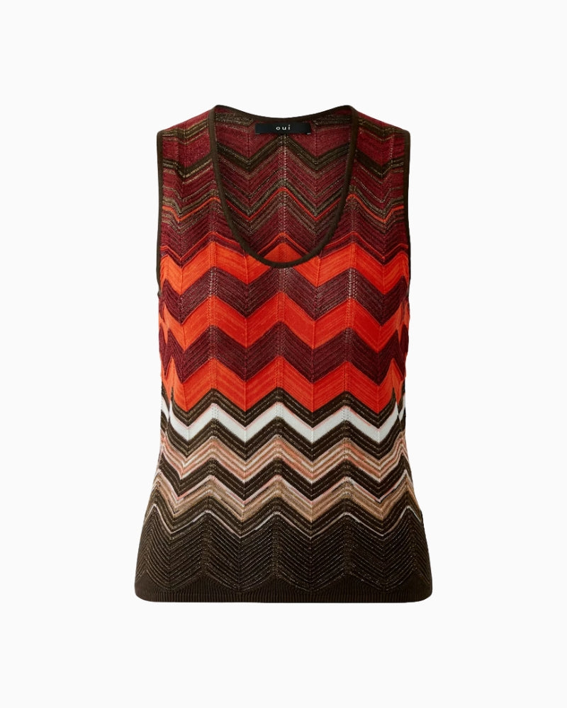 Oui zigzag knit top brownflat lay front view with stripe pattern