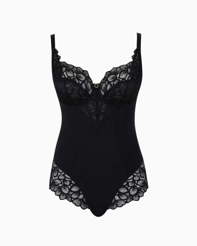 Close-up of Allure bodysuit showing lace detailing and underwired full cups