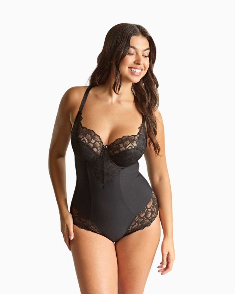 Panache black lace bodysuit with full cup support, lined front and stretch microfibre finish