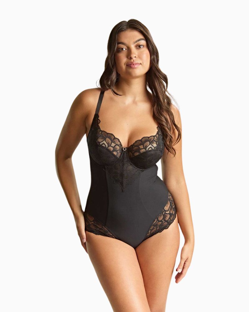 Front Panache black lace bodysuit with full cup support, lined front and stretch microfibre finish