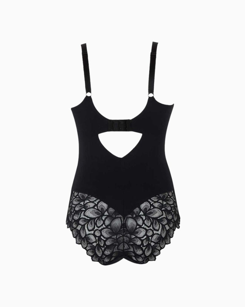 Close-up of Allure bodysuit showing lace detailing and underwired full cups