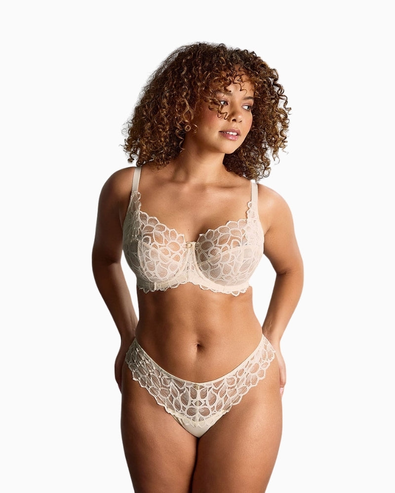 Front view of ivory Allure thong showing smooth fabric and lace-inspired design