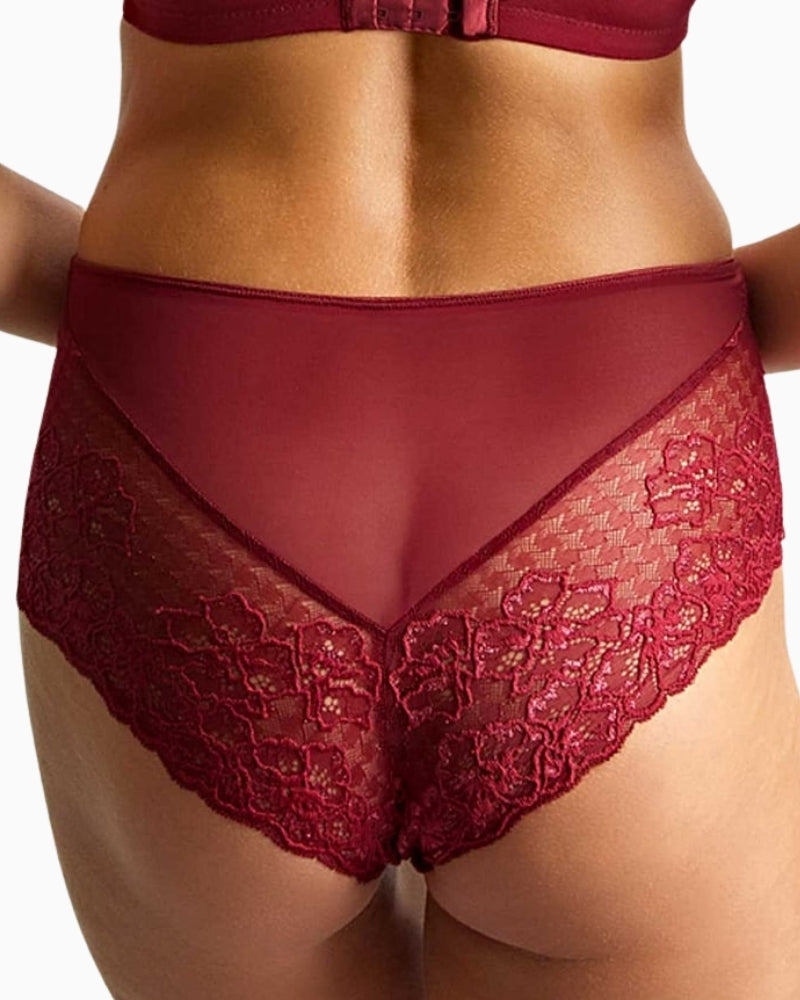 Close-up of jacquard and lace detail on Panache Envy Sparkling Cherry brief