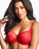 Close up view of Panache Envy full cup bra in poppy red with houndstooth lace and stretch top cups