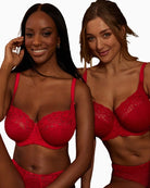 Models Panache Envy full cup bra in poppy red with houndstooth lace and stretch top cups