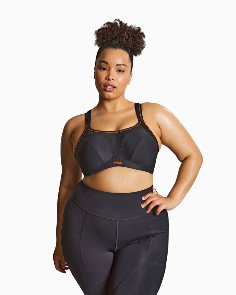 Sculptresse Activate sports bra in black with high neckline and wide padded straps