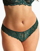 Close-up of forest green lace fabric with soft nude lining on Panache Brazilian brief