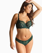Panache Allure Brazilian brief in forest green lace with nude contrast and gold ring detail
