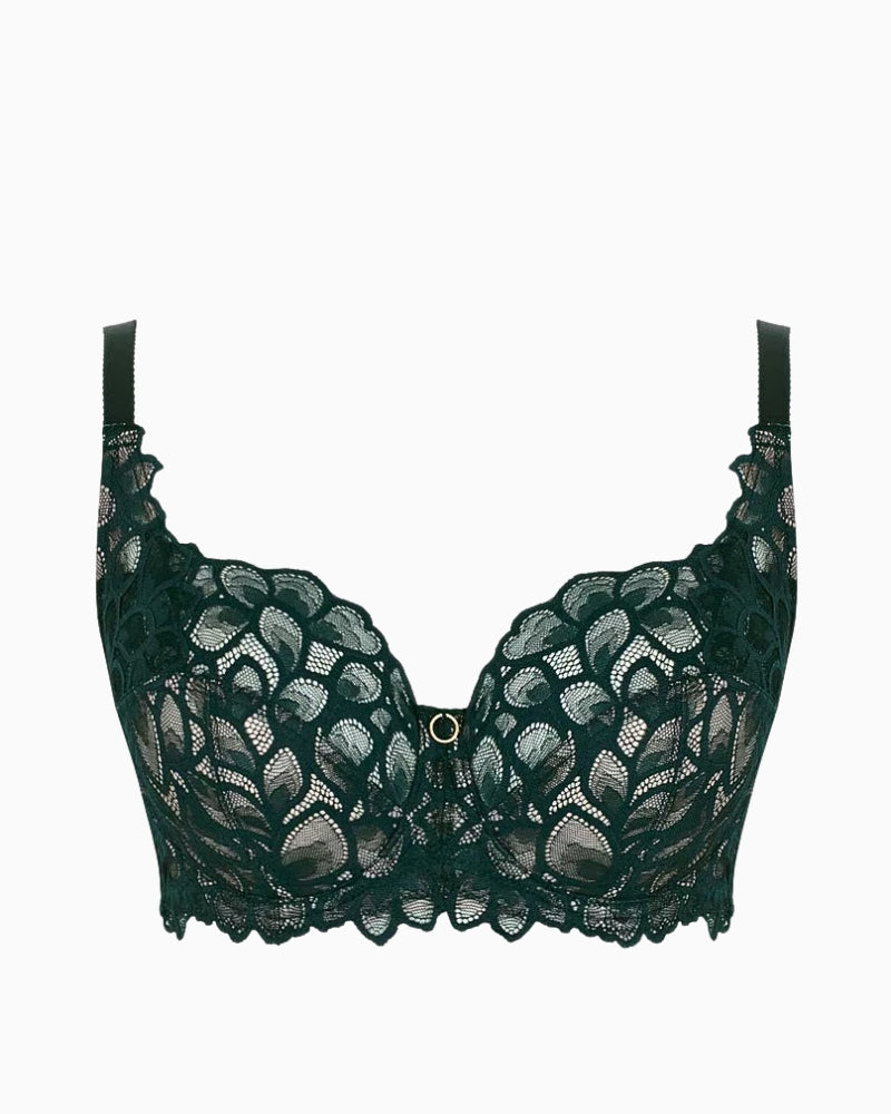 Panache Allure full cup bra in forest green lace with pale peach lining
