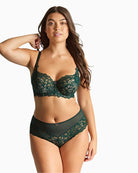 Model Esther wearing Panache Allure full cup bra in size 32E, highlighting supportive lace structure