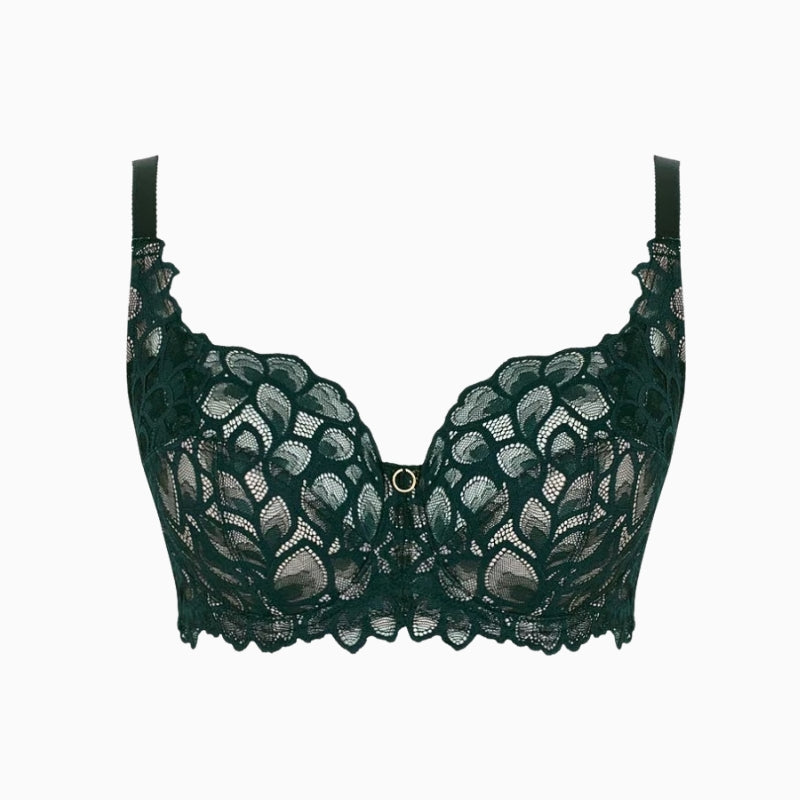Panache Allure full cup bra in forest green lace with pale peach lining