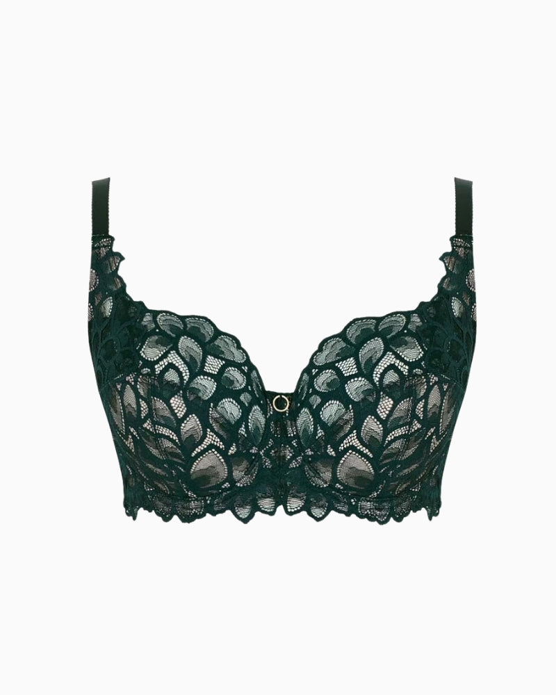 Panache Allure full cup bra in forest green lace with pale peach lining