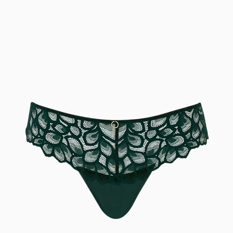 Flat lay of Panache lace thong in forest green showing floral lace and soft cotton gusset