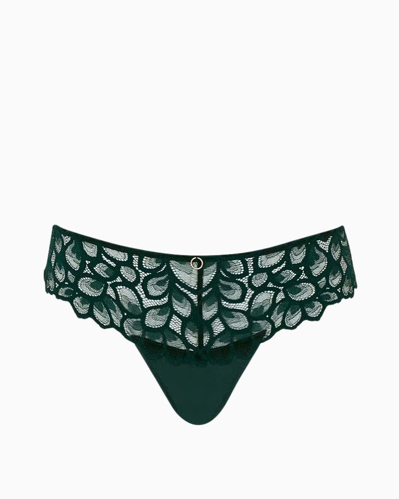 Flat lay of Panache lace thong in forest green showing floral lace and soft cotton gusset