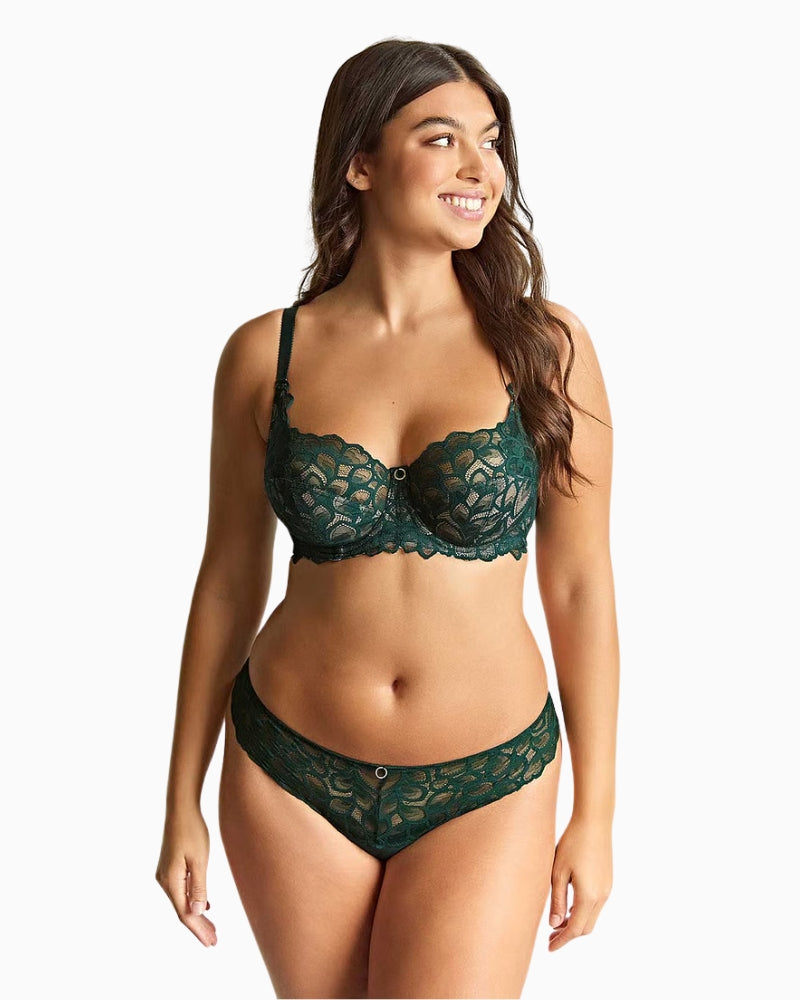Forest green lace thong by Panache with gold ring detail at the front
