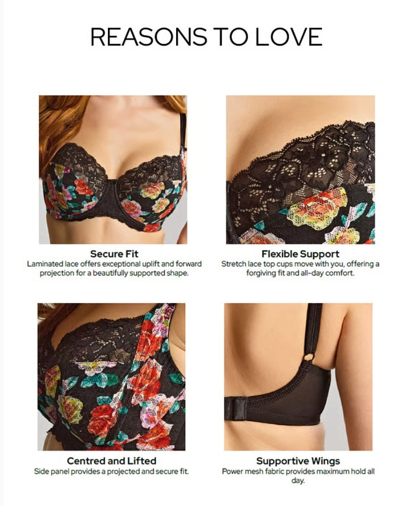 Panache Envy Full Cup Bra in Black/Rose Print details