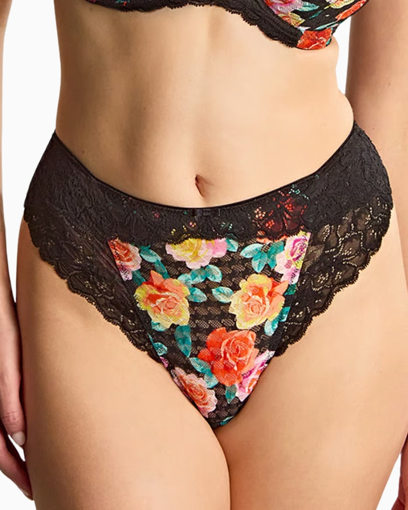 Panache Envy High Waist Brazilian Brief in Black/Rose Print floral detail