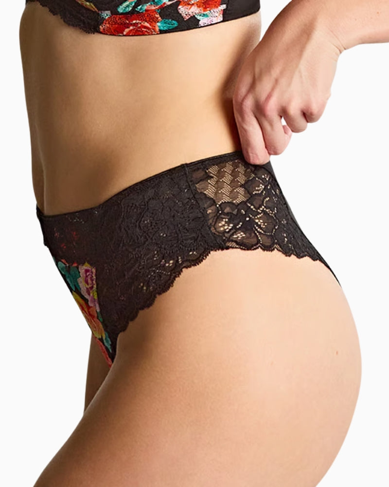 Panache Envy High Waist Brazilian Brief in Black/Rose Print side view