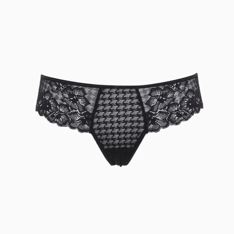 Panache Envy thong in black with jacquard design and lace detail