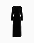 Front view of soft jersey dress with classic round neckline