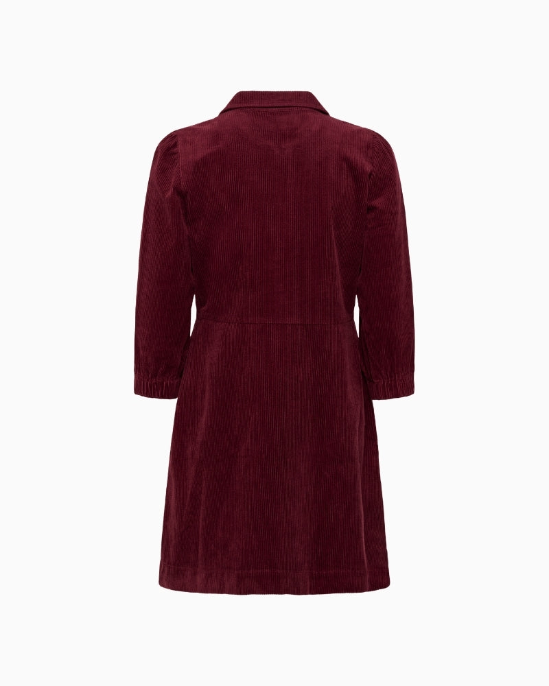 Back view of above-the-knee length cord dress with relaxed fit