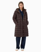 Long quilted winter coat by Part Two with hood and snap-button front in recycled fabric