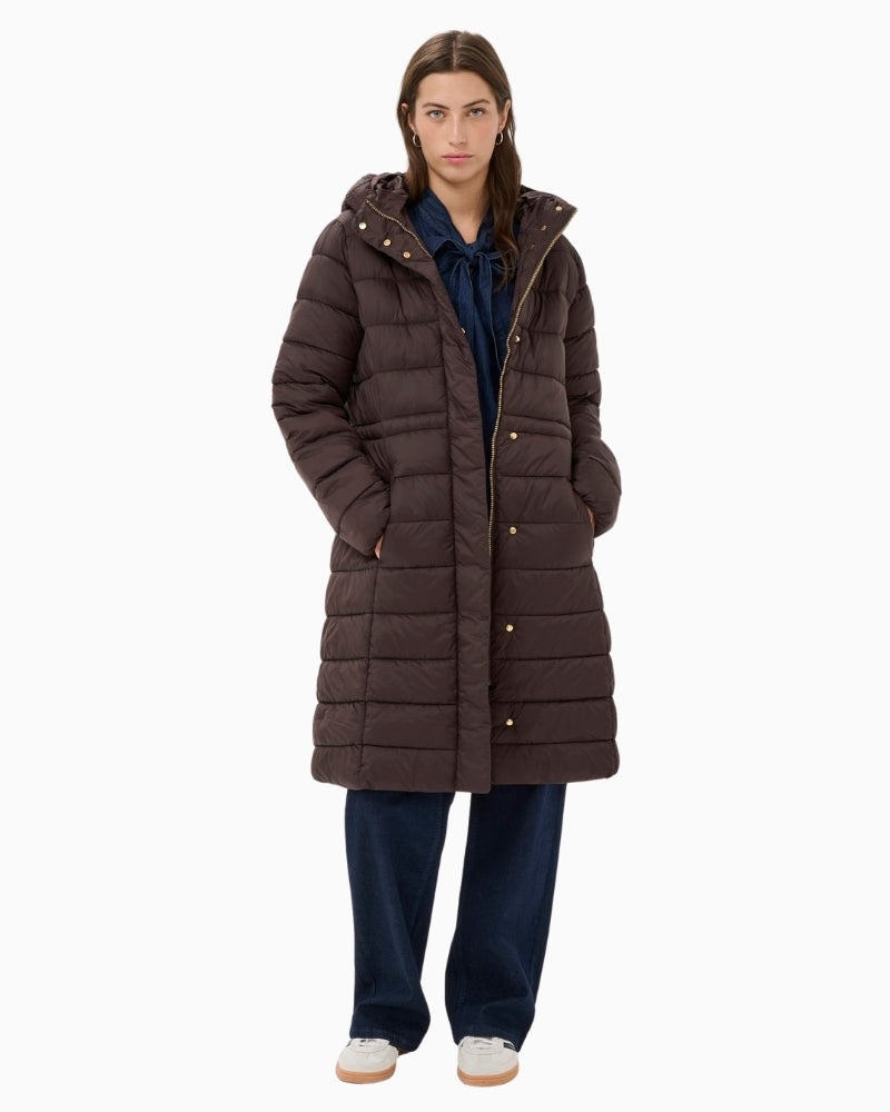 Long quilted winter coat by Part Two with hood and snap-button front in recycled fabric