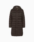 Long quilted winter coat by Part Two with hood and snap-button front in recycled fabric