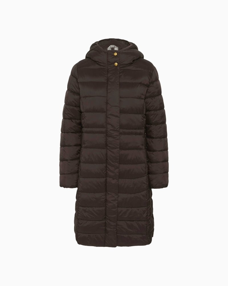 Long quilted winter coat by Part Two with hood and snap-button front in recycled fabric