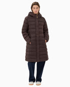 Front view of padded LaineyPW coat in black showing relaxed fit and practical hood