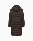 Back of long padded Part Two coat with curved hem and quilted stitching