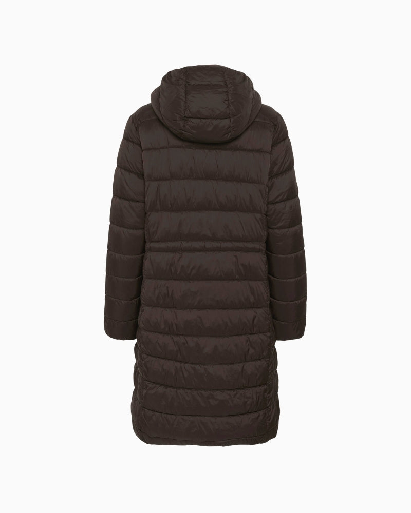 Back of long padded Part Two coat with curved hem and quilted stitching