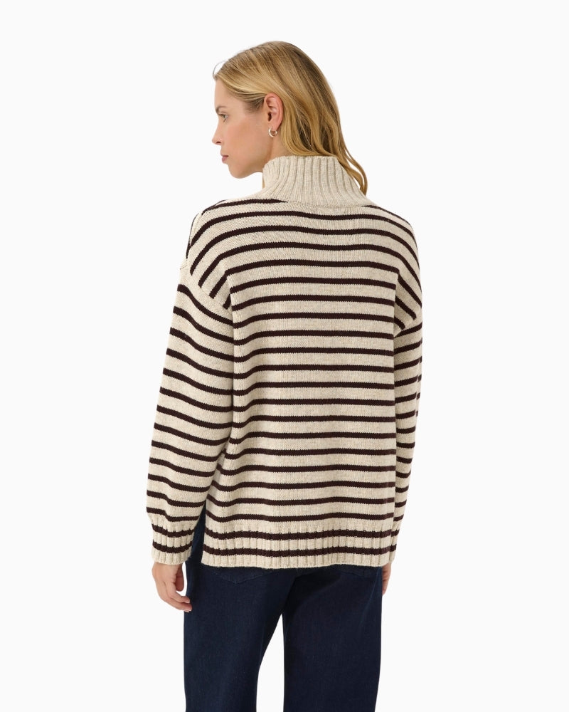 Back view of roll-neck knit with dropped shoulders and side slits