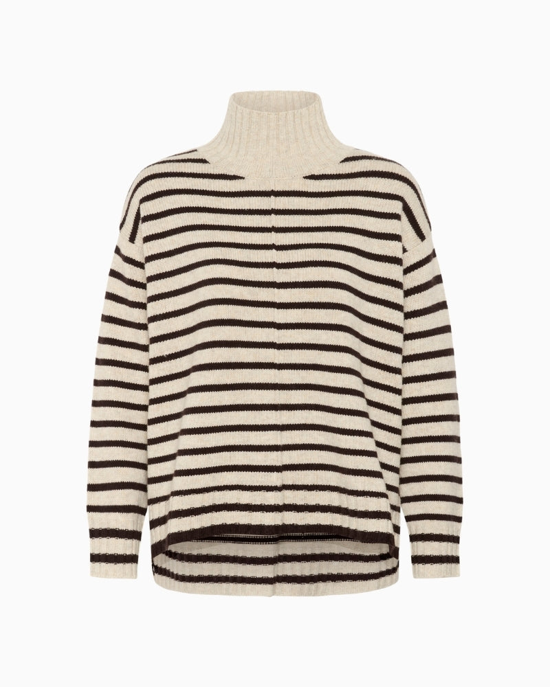 Front view of LilyePW pullover showing casual stripes and ribbed edges