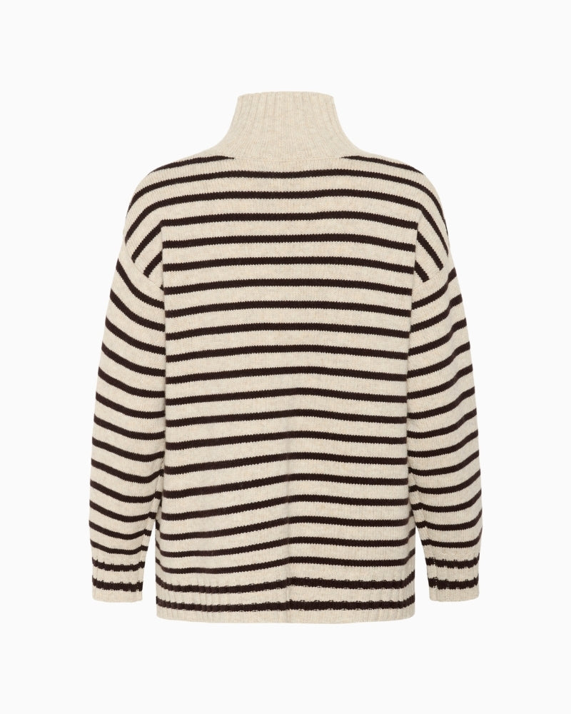 Back view of roll-neck knit with dropped shoulders and side slits